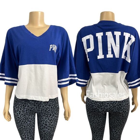 Victorias Secret Pink Varsity Short Sleeve Cropped V neck Oversized Tee XXL - Picture 1 of 5
